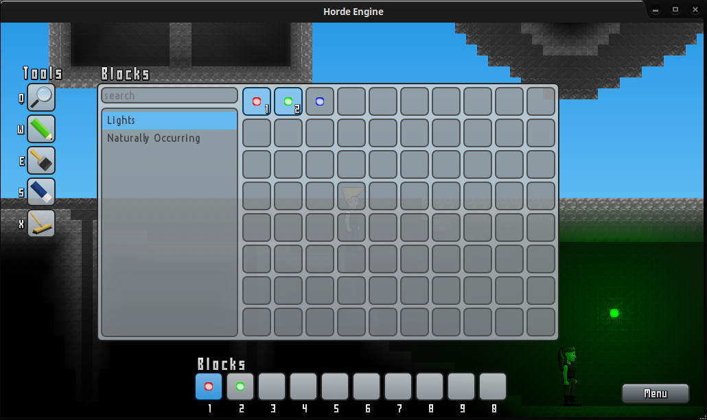 A screenshot from the game showing light items in the inventory GUI